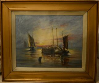 Fine Antique 1905 Seascape At Sunset Oil On Canvas Painting Westcott