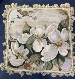 Vintage Wool Needlepoint Pillow Cover Floral 14” Square Tassel Trim