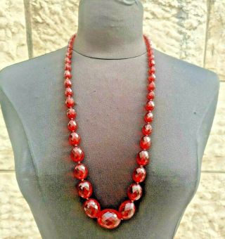 Vintage Art Deco Bakelite Cherry Red Amber Facet Cut Necklace Bead 76g