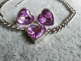 Vintage Park Lane Silver Tone Chain Necklace Pink Heart Pendant & Earrings