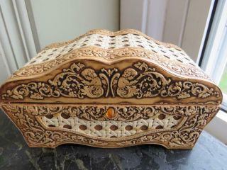 Vintage Russian Birch Bark Trinket Jewelry Box Carved Cherubs Inlaid Amber 7x4x4