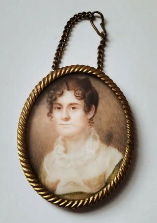 Antique 19thc Folk - Art Miniature Portrait Painting,  Young Woman In Pendant Frame