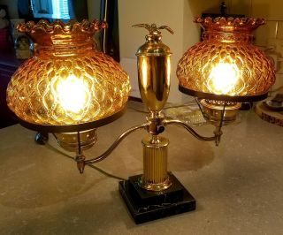 Antique Brass Student Lamp Double Amber Hobnail Shades Vintage Center Eagle Post