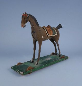 Charming Estate Found Antique 19c German Wooden Pull Toy Horse