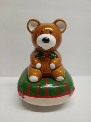 Vintage Neiman Marcus Ceramic Christmas Teddy Bear Spin Music Box Jingle Bells
