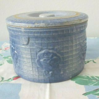 Antique Blue Stoneware Butter Crock With Lid,  Rose & Waffle
