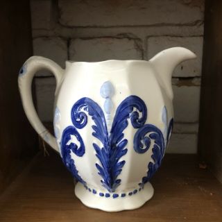 Cash Family Pottery Hand Painted Pitcher - 8 " Cream & Blue 1945 Vintage Tenn Usa