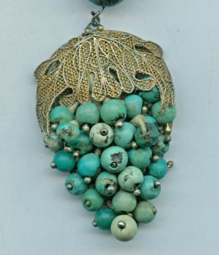 Antique Chinese Export Gold Tone Silver Filigree Coral Turquoise Necklace 16 "