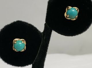 Antique Vintage Solid 14k Yellow Gold & Turquoise Stone Swirl Knot Earrings