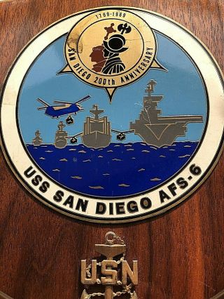 Vtg Us Navy Metal/wood Plaque Uss San Diego Afs - 6 - 200th Anniversary San Diego