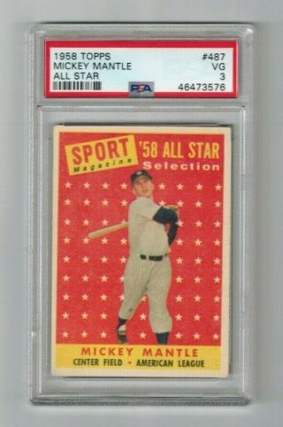 1958 Topps Baseball Mickey Mantle All Star 487 Psa 3 Vg Color & Eye Appeal