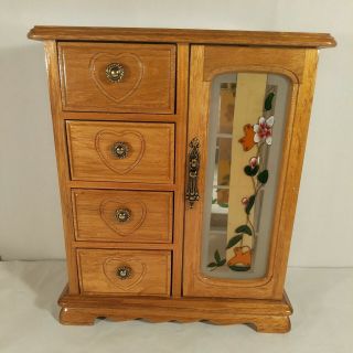 Vintage Wood Jewelry Box Dresser Top 4 Drawers With Stained Glass Door