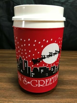 Christmas Season Greetings Holiday Santa Insulated Travel Mug Coffee Cup Usa Vtg