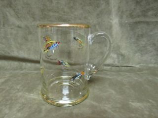 Vintage Hand Blown Fly Fishing Lure Design Handled Beer Mug In Clear W/gold