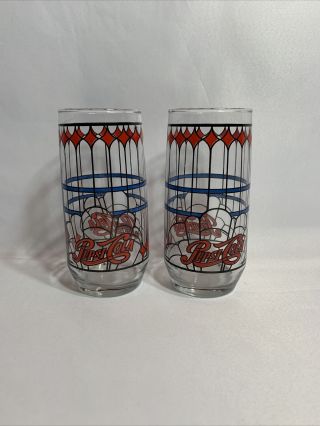 Set Of 2 Vintage Pepsi Cola Soda Pop Stained Glass 6 " Drinking Glasses Cups - D3