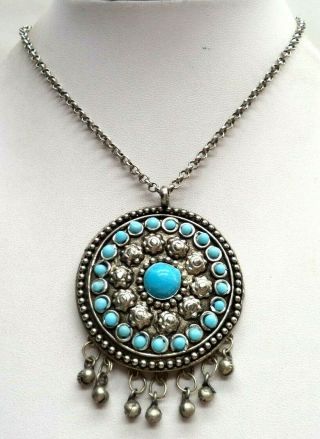 Stunning Vintage Estate Silver Tone Turquoise Bead Flower 22 " Necklace 4018r
