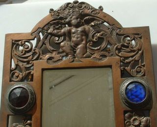 Antique Vtg Arts & Crafts Brass Tone Jeweled Mirror Art Nouveau Cupid Baby Angel 2