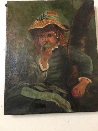 Antique Folk Art Painting Of A Girl Eating An Apple In Tree