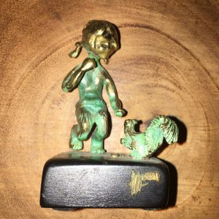 Vtg Malcolm Moran Bronze Sculpture Girl Feeding Squirl 1972 Stamped And Signed