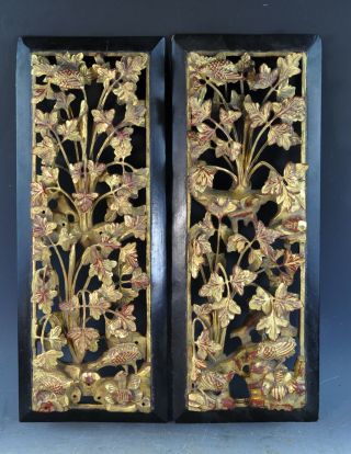 Antiqu Chinese Temple Wood Carvd Panel With Gold Gilt