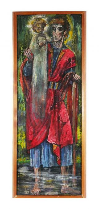 Large Vintage Oil Painting St.  Christopher,  Mid - Century Modern Jesus