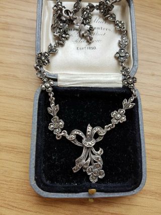Antique Art Deco Silver Marcasite Floral Necklace Read Descript