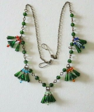 Vintage Czech Art Deco Style Forest Green Glass Bell Flower Necklace