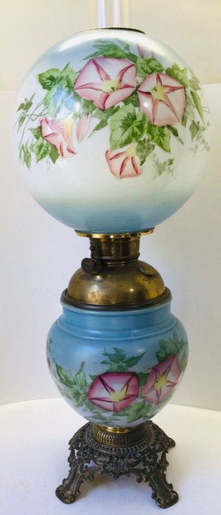Antique P&a Royal Gwtw Parlor Oil Lamp H P Morning Glories 10” Ball Shade