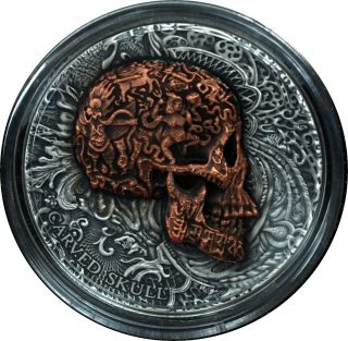 2017 Cameroun Carved Skull Antiqued 1 Oz Ultra High Relief W/ Box &