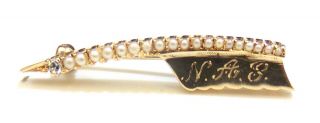 10k Solid Yellow Gold Antique Diamond/seed Pearl Bar Pin / Brooch Dated 5 - 24 - 29