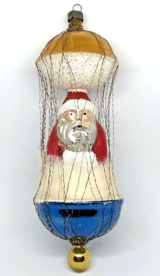 Antique German Glass 7 " Santa Hot Air Balloon Wired W/ Spun Cotton Ornament