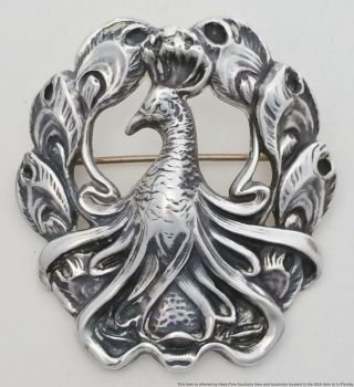 Antique Art Nouveau Kerr & Co Sterling Silver Peacock Large Brooch Pin