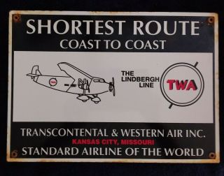 Vintage Twa Airlines " The Lindbergh Line " Porcelain Advertising Sign