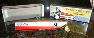 Vintage Collectible Schylling " Felix The Cat " Wind - Up Metal Tin Speedboat