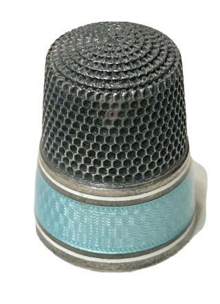 Antique Vintage Hallmarked Sterling Silver Enamel Guilloche Blue Thimble Old