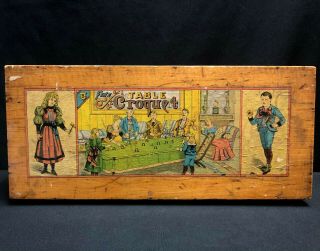 Antique Victorian Parlor Table Top Croquet Set Game In Wooden Box