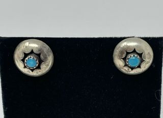 Vtg Native American Sterling Silver Turquoise Shadowbox Earrings (2.  4g)