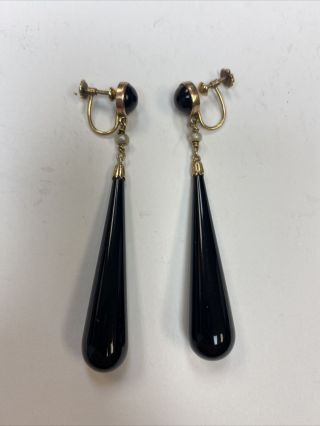 14k Gold,  Antique Victorian 3” Mourning Earrings Glass Seed Pearl