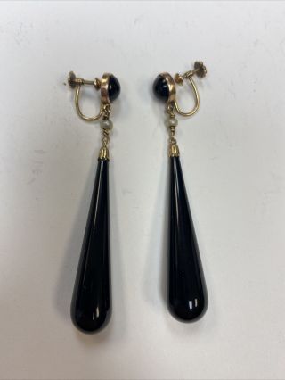 14k Gold,  Antique Victorian 3” Mourning Earrings Glass Seed Pearl 2