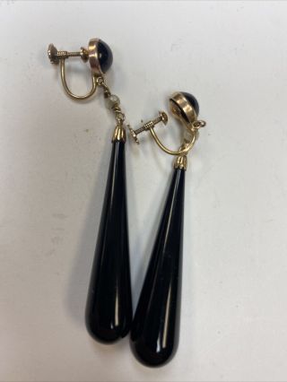14k Gold,  Antique Victorian 3” Mourning Earrings Glass Seed Pearl 3