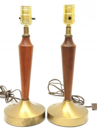 Mid Century Modern Teak Wood Brass Pair Lamps Desk Table Danish Mcm 14 " Vintage