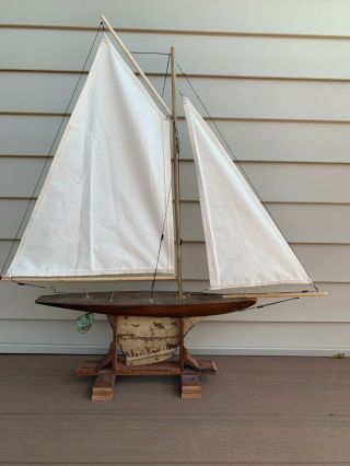 Vintage Wooden Toy Pond Yacht Sailboat Ship Nautical 31 " Tall,  Stand