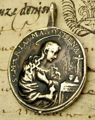 Antique 17th Century St.  Mary Magdalene & Mystic Bruno Of Cologne Bronze Medal