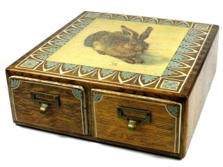 Oak Wood 2 Drawer File Cabinet Chest Hand Painted Folk Art Albrecht Dürer Rabbit