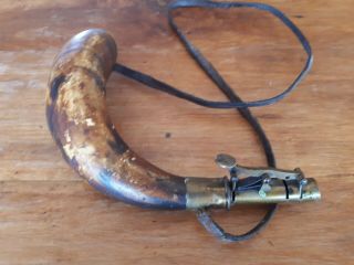Antique Gun Powder Horn Antler Flask Brass Leather Strap