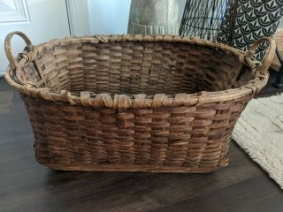 Large Antique Splint Basket Primitive Gathering Laundry Attached Wooden Runner