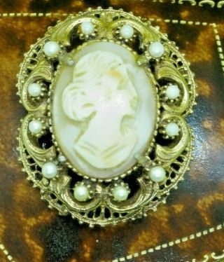 Vintage Victorian Revival Cameo Signed Florenza Pin Brooch / Pendant