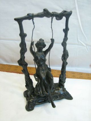 Vintage Moreau Signed Bronze Sculpture Swinging Woman On Swing Art Nouveau Girl