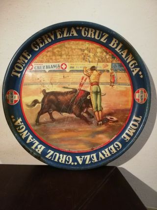 Antique Mexican Beer Tome Cerveza Cruz Blanca From Metal Tray From 40 