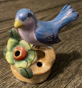 Vintage Lusterware Blue Bird Flower Frog Vase Made In Japan 15 - 234